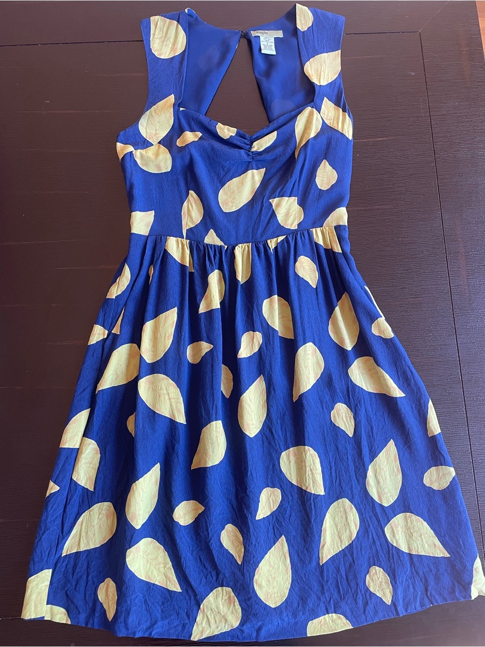 Maple by Anthropologie 100% Silk Navy Blue Dress with Gold Leaf Print Sz 4 NWOT!